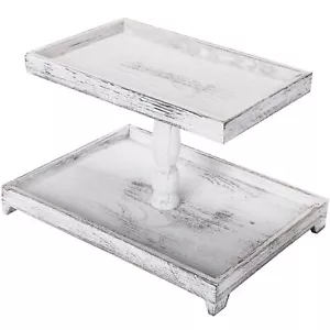 Farmhouse Tiered Tray Stand - Wooden Rustic 2 Tier Rectangular Tray Serving S... - Picture 1 of 8