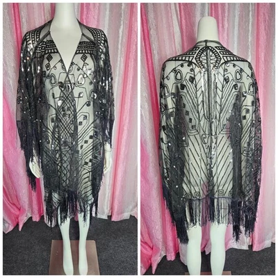 Exquisite Gray Lace Fringe Beaded Sequin Shawl Wrap One Size  - Image 1 of 4