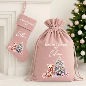 Peluche Rosa Personalizado Árbol de Navidad Rosa Santa Saco o Medias - Imagen 1 de 5