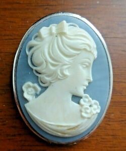 Crown Trifari Cameo Pin Brooch Light Blue & Off-White Detailed Woman's Profile