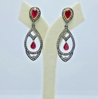 Ruby Earrings, 925 Sterling Silver, Natural Diamond Earrings, Christmas Gift - Image 1 of 3