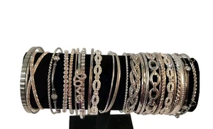 Silvertone And Clear Rhinestones Bangle Bracelet Set Of 28 Love - Picture 1 of 4