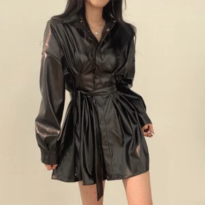 Lady Short Mini Shirt Dresses Faux Leather PU Buckle Lace-up Belt Punk Rock Sexy - Picture 1 of 7