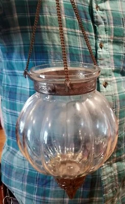 Moroccan-Style Hanging Bulbous Clear Hand-Blown Glass Candle Holder ~ BOHO - Image 1 of 4