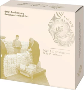 2025 60 ANIVERSARIO REAL AUSTRALIANO COMO NUEVO $10 'C' MARCA DE CECA MONEDA A PRUEBA DE ORO RAM - Imagen 1 de 13