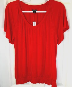New Directions Blouse Sz M V-Neck Smock Waist Red Pepper SS Spicy Top NWT - Picture 1 of 9