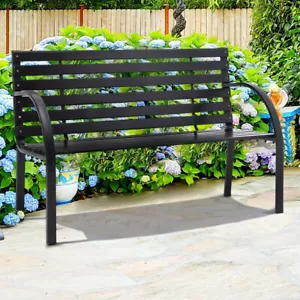 Metal Garden Bench Porch Chair Furniture Patio Park Loveseat Slat Black Outdoor - Picture 1 of 16
