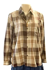 Alfred Dunner Brown Plaid Button Up Shirt Blouse & Necklace Womens Size 12P NEW - Picture 1 of 3