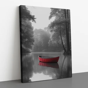 Red Boat on Misty Lake Canvas – Selective Color Wall Art Print – Serene Nature - Picture 1 of 44