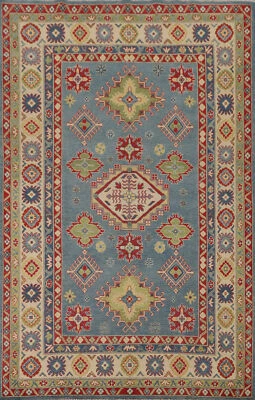 Vibrant Color Geometric Kazak Pakistani Area Rug Blue 6x9 ft - Image 1 of 4