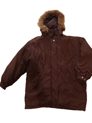 Jacqueline Ferrar Vintage Abrigo Grande Piel Capucha, Marrón Chocolate Totalmente Forrado Foto 1 de 4