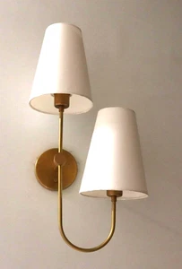 Handcrafted Raw Brass Wall Sconce – Modern 2 Shade Linen Light Fixture - Picture 1 of 10