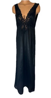VTG 70s DIANE VON FURSTENBERG Black Sz M Maxi Nightgown Lace Empire Waist - Image 1 of 4