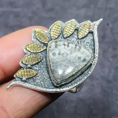 Anillo de joyería de plata de ley 925 hecho a mano con piedras preciosas de coral Stingrey talla 7,5 a595 Foto 1 de 3