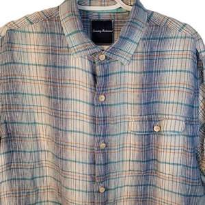 Tommy Bahama Mens 100% Linen Striped Shirt Size L Wooden Button Front Blue Orang - Picture 1 of 9