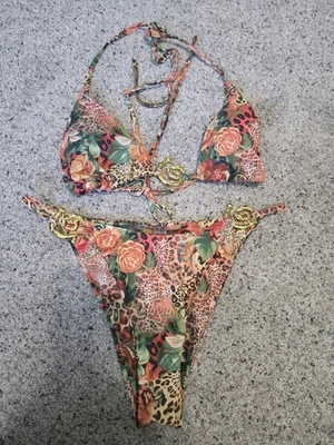 Para mujeres Triángulo Tanga Bikini Estampado Leopardo Floral Dorado Remolino Dijes Talla Mediana Foto 1 de 4