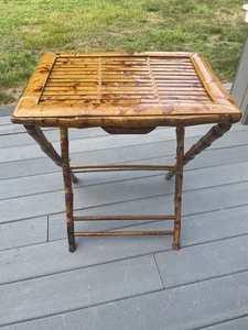 VINTAGE MID CENTURY MODERN BURNED TORTOISE SHELL FOLDING BAMBOO TRAY TABLE - Picture 1 of 5