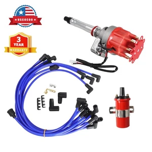Distributor + Coil+PLUG WIRES under exhaust for Chevy 327 350 Red Female Small  - Foto 1 di 13