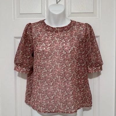 BB Dakota Women’s Size XS Pink Sheer Floral Puff-Sleeve Blouse NWT MSRP: $78 - Image 1 of 4
