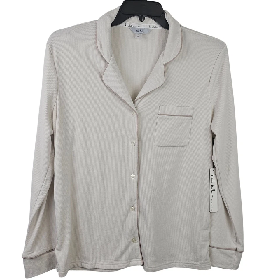 Super Soft Womens L Comfy Modern Chic Loungewear PJ Sleepwear White Ribbed Top - Image 1 of 4