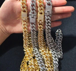 Miami Cuban Chains Hiphop Bling Chain Pave Setting Jewelry Rhinestone Necklaces - Picture 1 of 14
