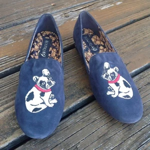 Boutique 9 Boston Terrier Blue Suede Slip On Flats Womens Sz 8 Shoes Stud Heel - Picture 1 of 8