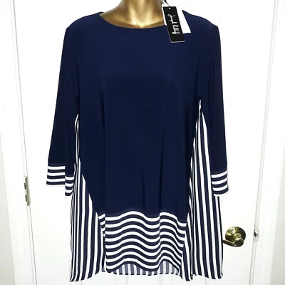 Joseph Ribkoff NUEVO Túnica Pullover Náutico Rayas Azul Marino Vainilla Plata Talla 6 Foto 1 de 4