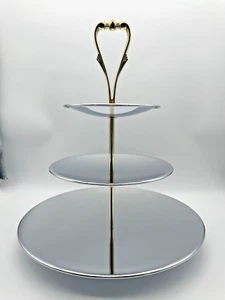 Kromex Triple Tier Tidbit vassoio cromato/oro, vintage, mai usato, scatola aperta - Foto 1 di 14