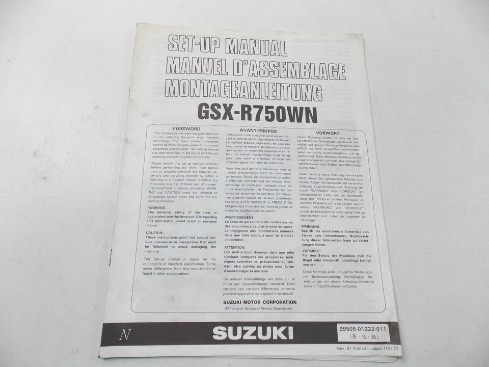 OEM 1991 SUZUKI GSXR750-WN SETUP MANUAL ENGLISH FRENCH GERMAN 99505-01222-011 - Image 1 of 1
