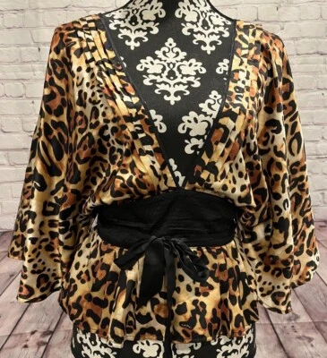 Blusa Kimono De Colección Y2K Bebe Para Mujer Marrón Negro Leopardo 100% Seda Negra Cinturón S Foto 1 de 4