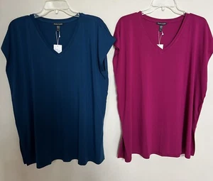 Maglia Eileen Fisher maglia elasticizzata scollo a V cappuccio manica boxy top nuova con etichetta - Foto 1 di 11