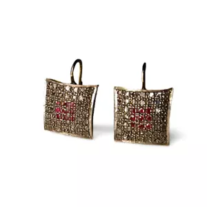 Fabuloso Antiguo 14K Rosa Oro Rosa Corte Diamante Rubí Pendientes - Imagen 1 de 1