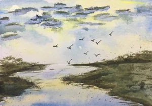 ACEO Original Gemälde Kunst Karte Aquarell Landschaft Mini Fluss Malerei fein - Bild 1 von 2
