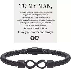 Personalized Infinity Bracelet for Him - Love You Forever Leather Gift - Picture 1 of 5
