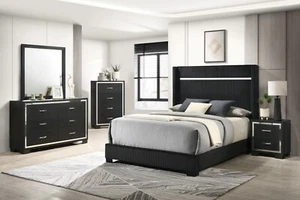 Black Finish Solid Wood Upholstered Queen Size Panel Bed Wooden 4pc Bedroom Set - Picture 1 of 8