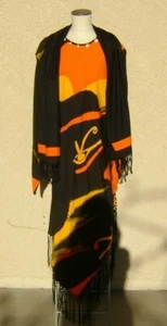 Vintage HELLBRAUN CHHO PRINT KLEID Taschensaum mit Fransen und Schal orange schwarz LARGE - Bild 1 von 6