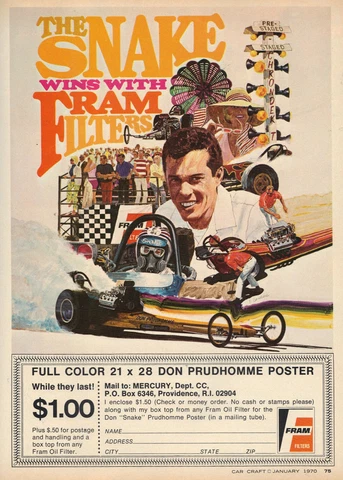 Don The Snake Prudhomme Fram Oil Filter Advertising Poster 11"x17" Photo Cover
