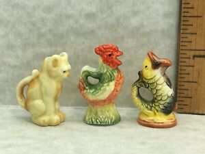 3 Majolica Animal Pitchers Fish Cat Rooster French Feves Dollhouse Miniatures