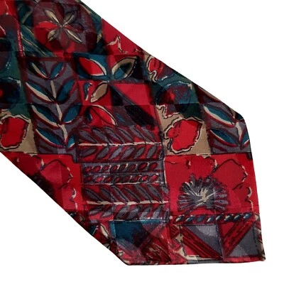 Corbata de Seda Geoffrey Beene Vintage Roja Azul Abstracta Geométrica Oscura Ejecutiva Academia Foto 1 de 4