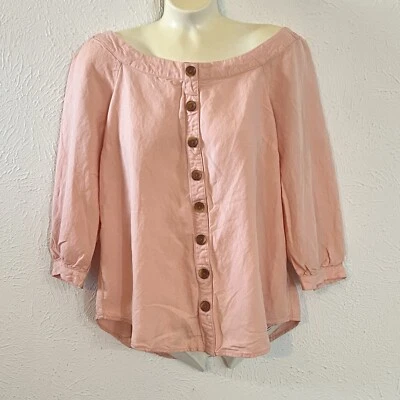 Maeve Anthropologie Women Peach Pink Button Up Alanis Off Shoulder Top Shirt 6 - Image 1 of 4