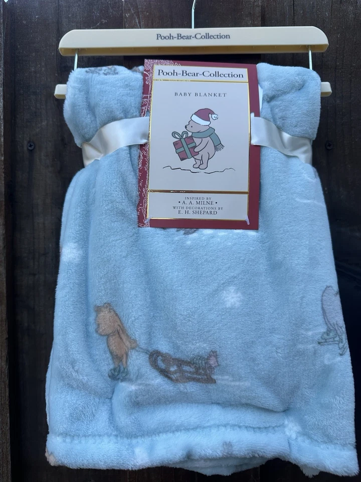 NEW Pooh Bear Collection Blue Baby Blanket Christmas Themed Sleds & Snowflakes - Image 1 of 2