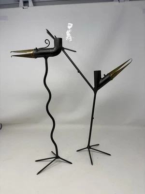 Gino Bushini Brass & Metal Bird Sculpture Pair Of Candlesticks MCM 17” & 14 7/8” - Image 1 of 4