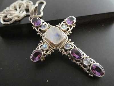 Nicky Butler Moonstone & Amethyst Sterling Silver 925 CROSS Pendant Necklace - Image 1 of 4