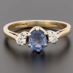 9ct Yellow Gold Blue Sapphire & Diamond Three Stone Ring UK Size J Hallmarked - Picture 1 of 10