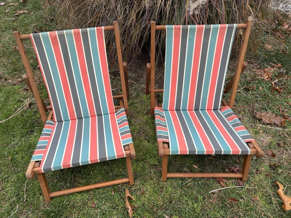 Tumbonas plegables vintage de madera y lona - Par Foto 1 de 4