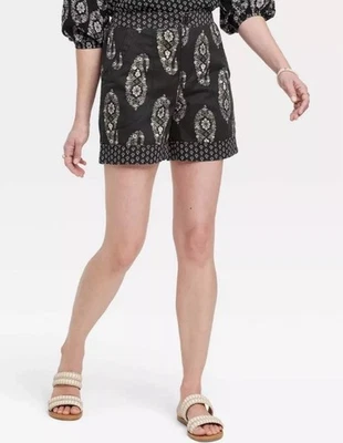 Pantalones Cortos Chinos Knox Rose Negro Blanco Boho Paisley Tiro Alto XL 5.25" Entrepierna Foto 1 de 4