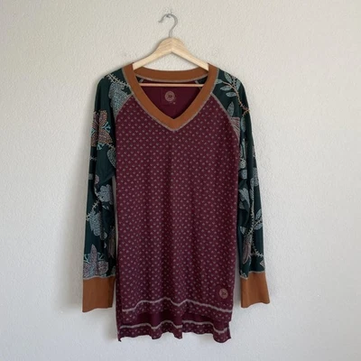 Double D Ranch Shirt Medium Burgundy Floral Beaded Tunic Boho Adirondack - Image 1 of 4