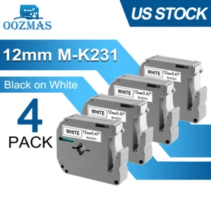 4PK M-K231 M231 For Brother P-Touch 12mm Label Tape White 1/2" PT-55 PT-85 PT-70 - Picture 1 of 12