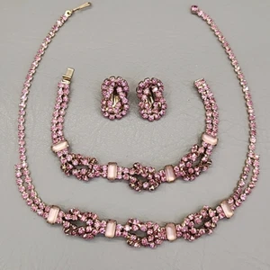 Rhinestone Necklace Bracelet Set Pink Satin Glass Knots Gorgeous - Picture 1 of 21