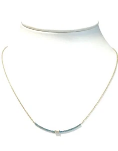 Collar de barra de diamantes azules naturales 750 de oro amarillo de 18 quilates con diamantes talla esmeralda - Imagen 1 de 12